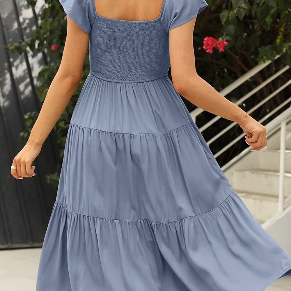 Women's Ruffle Sleeve Square Neck, High Waist Smocked Flowy Tiered Midi Dress